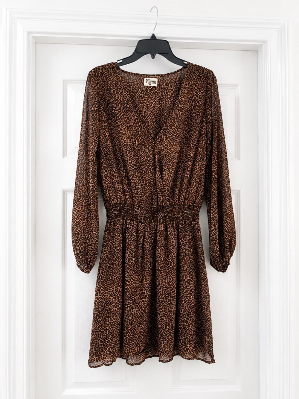 Show Me Your MuMu Brown Leopard Print Long Sleeve Mini Dress with Smocked Waist